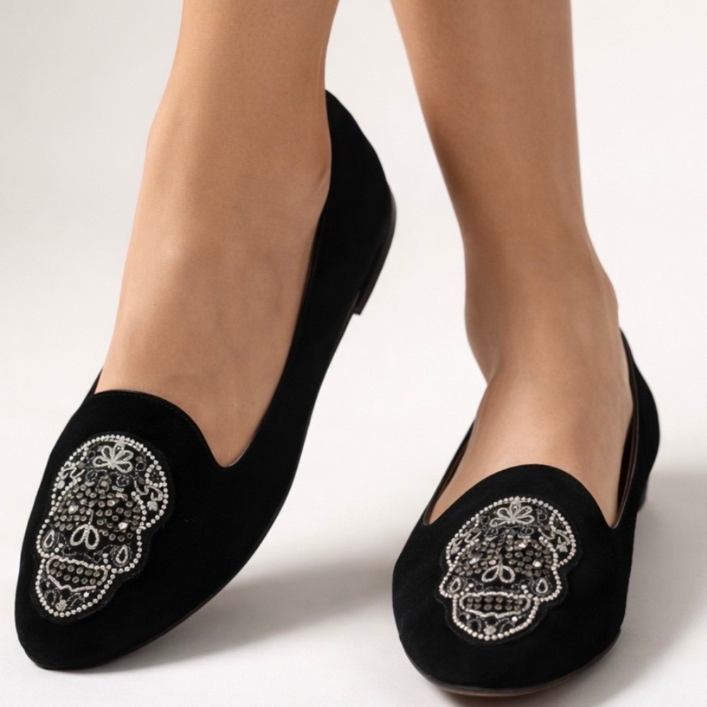 Chatelles Paris Day of the Dead Black Suede Beaded Skull‎ Slipper Flats Size 9